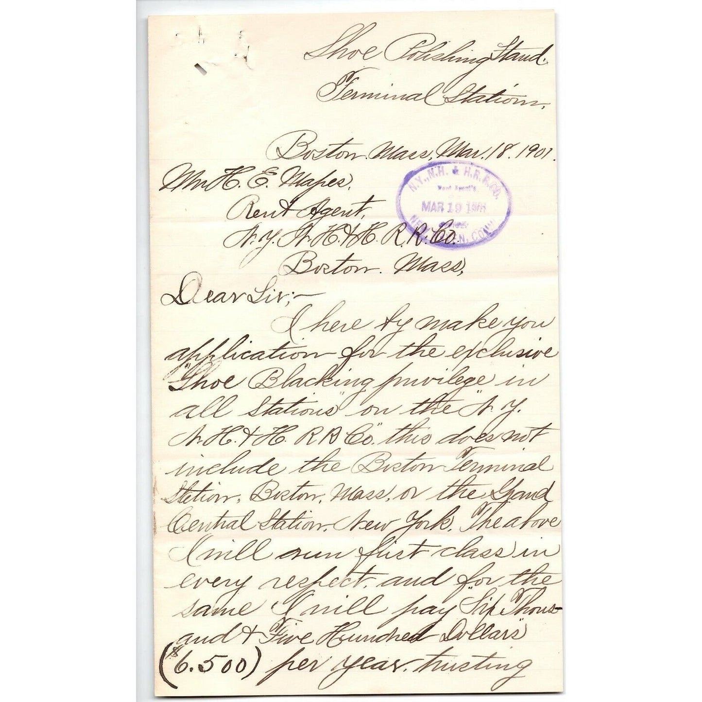 1901 Shoe Polishing Stand $6,500 Letter To NY NH & Hartford Railroad Rent Agent