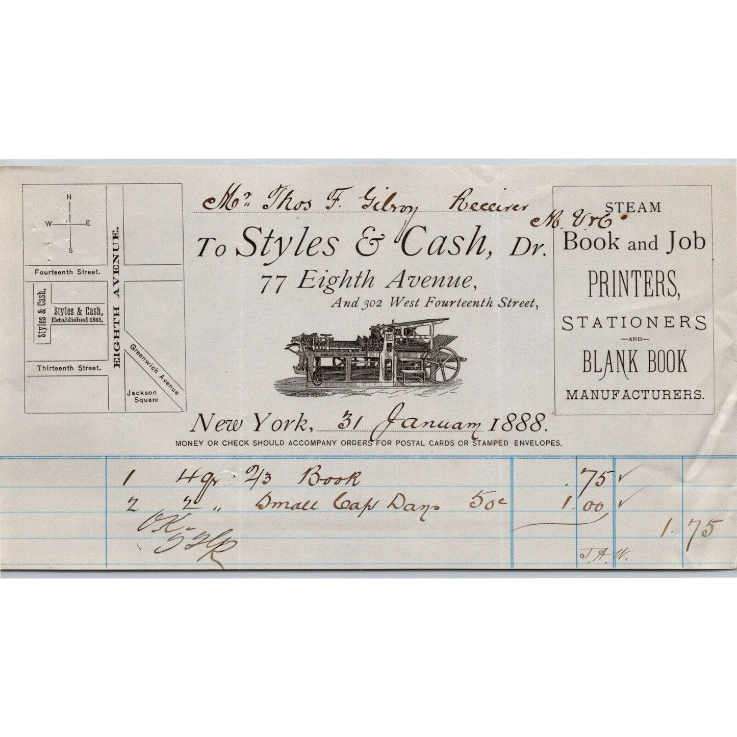 1888 Styles & Cash Book and Job Printers Billhead Letterhead 77 8th Ave NYC