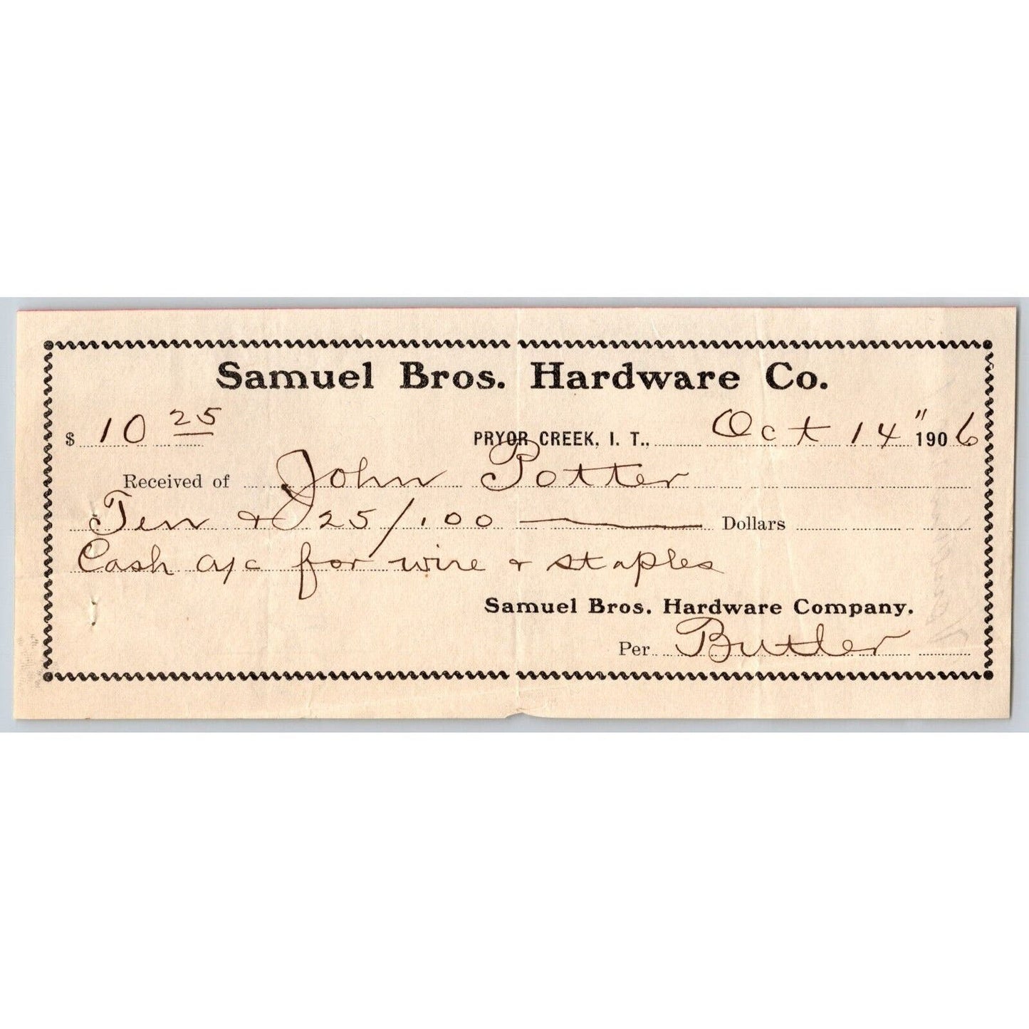 Pryor Creek, OK 1907 Indian Territory - Samuel Bros. Hardware Co. Receipt