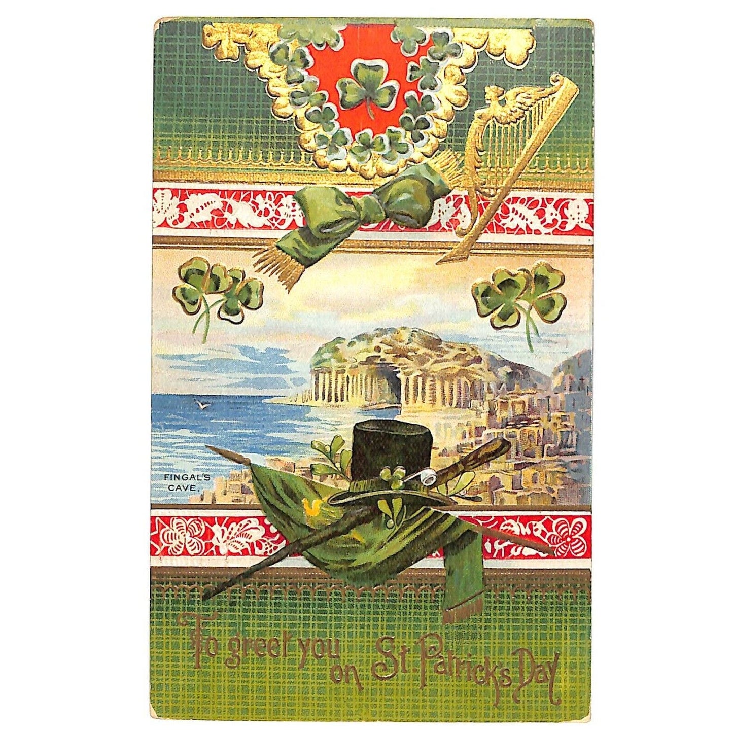 St. Patrick's Day Postcard Fingal's Cave Shillelagh Hat Embossed Gilt PM 1911