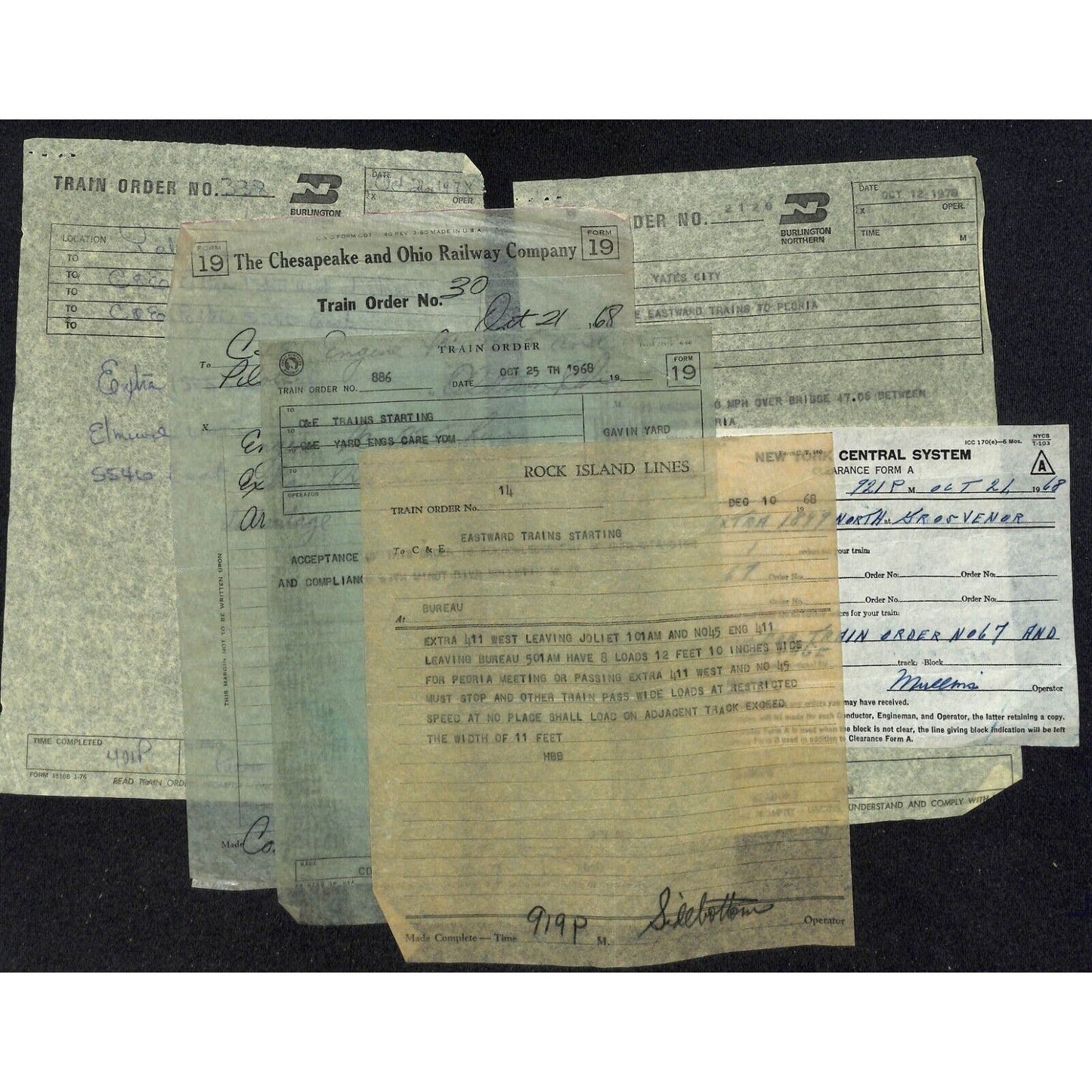 Group of 6 Mostly Tissue Paper Train Orders / Update Notes 1968 & 1978 Railroad
