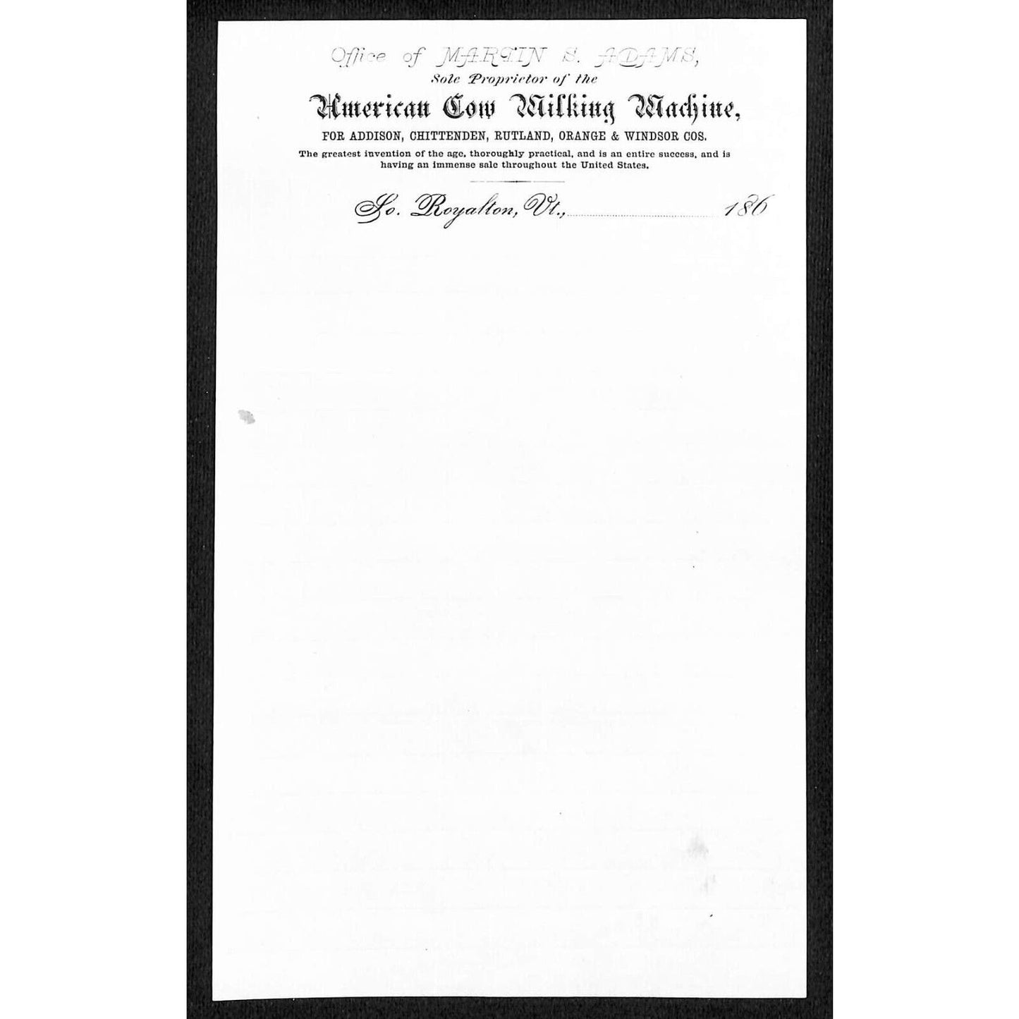 "American Cow Milking Machine" Martin S. Adams Vermont 1860's Unused Letterhead