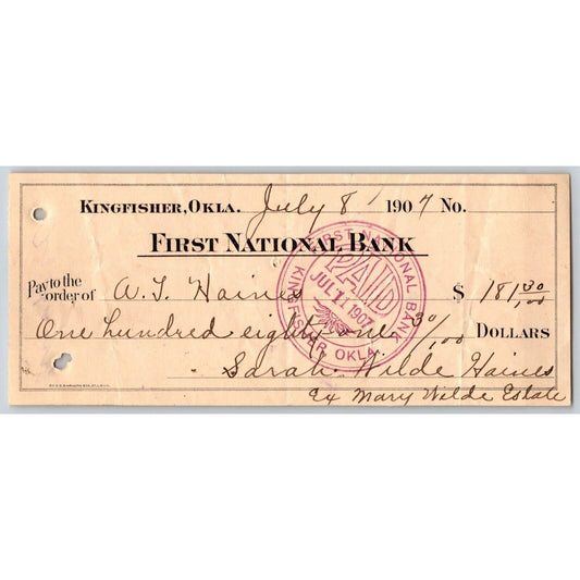 Kingfisher, Oklahoma Territorial July 1907 FNB Check - Scarce