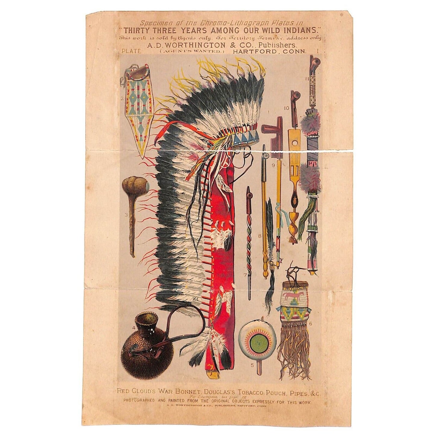 Litho Adv. Sheet "Thirty Years Among Our Wild Indians" Worthington Hartford CT