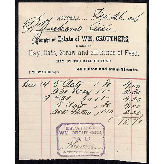 Astoria, NY Wm. Crouthers Hay Oats Straw "All Kinds of Feed" Billhead 1896