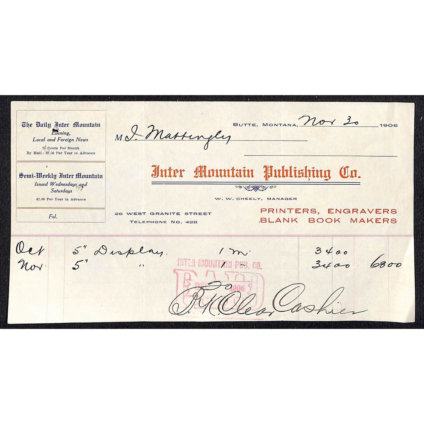 Inter Mountain Publishing Printers Butte Montana 1906 Billhead Letterhead