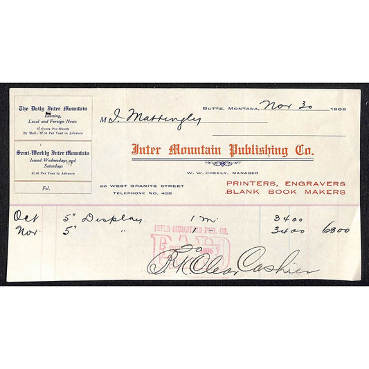 Inter Mountain Publishing Printers Butte Montana 1906 Billhead Letterhead