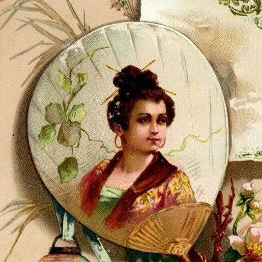 Giant 8 3/4" x 13 1/4" Beecham's Pills Asian Bamboo Fan Victorian Trade Card