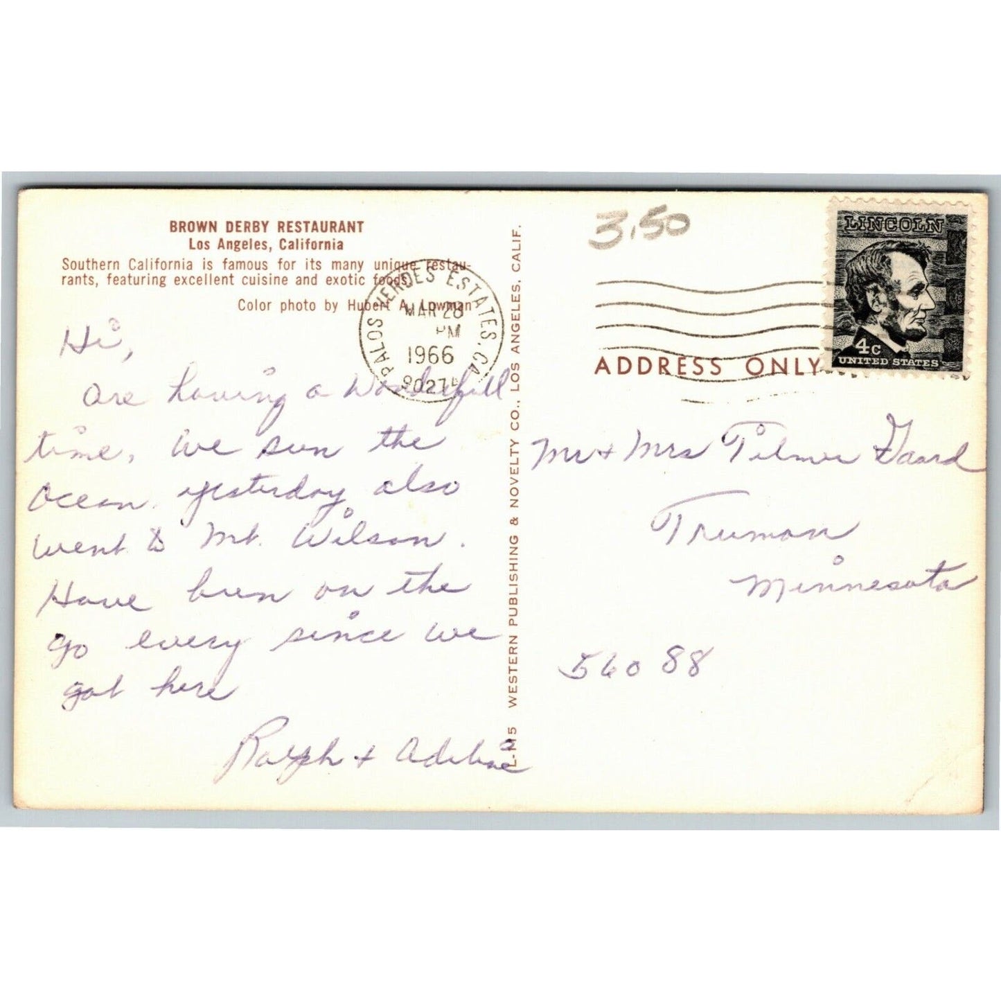 Vintage Postcard Hollywood Brown Derby Restaurant Los Angeles PM 1966
