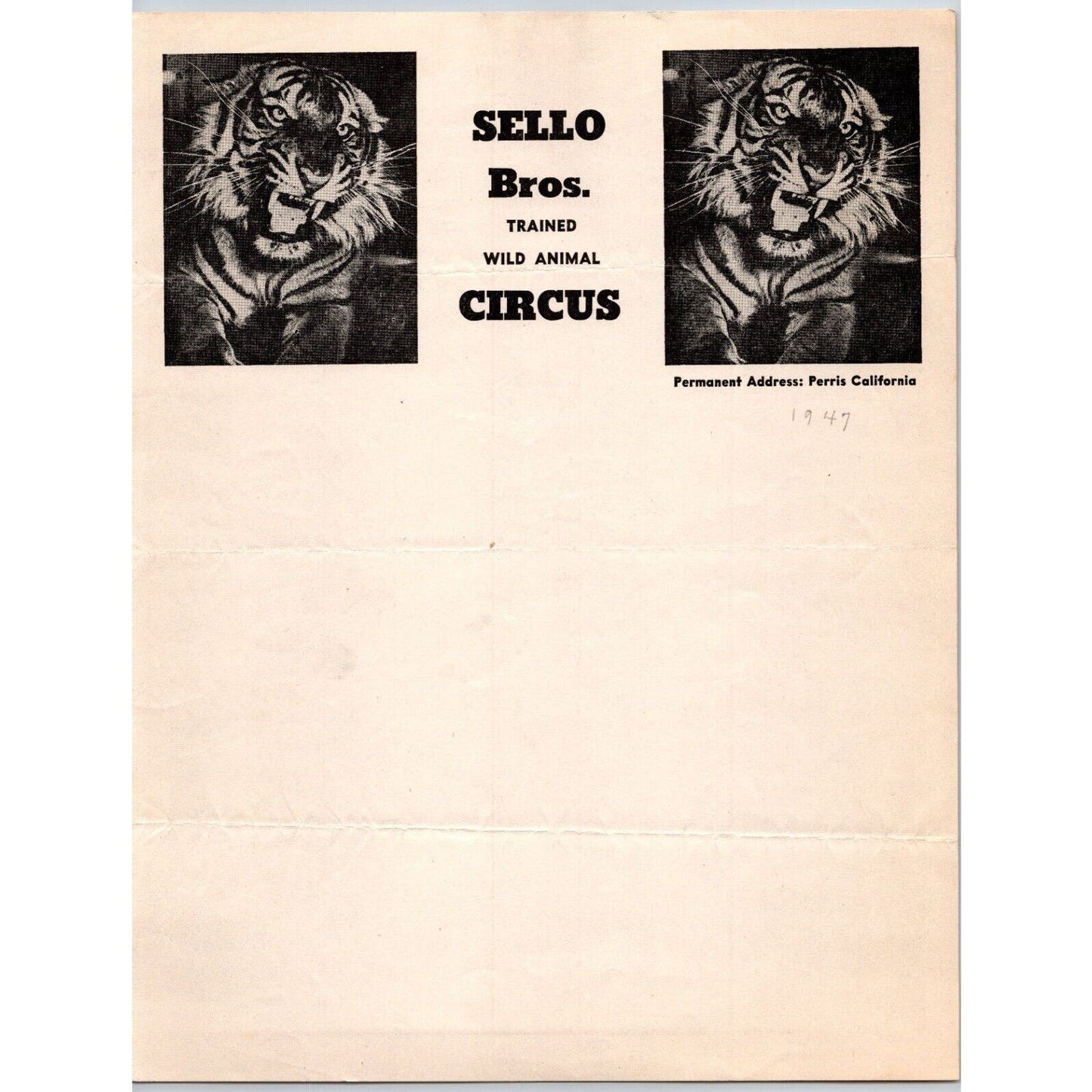 Sello Bros. Trained Wild Animal Circus Letterhead c1947 Perris, CA Tiger Scarce