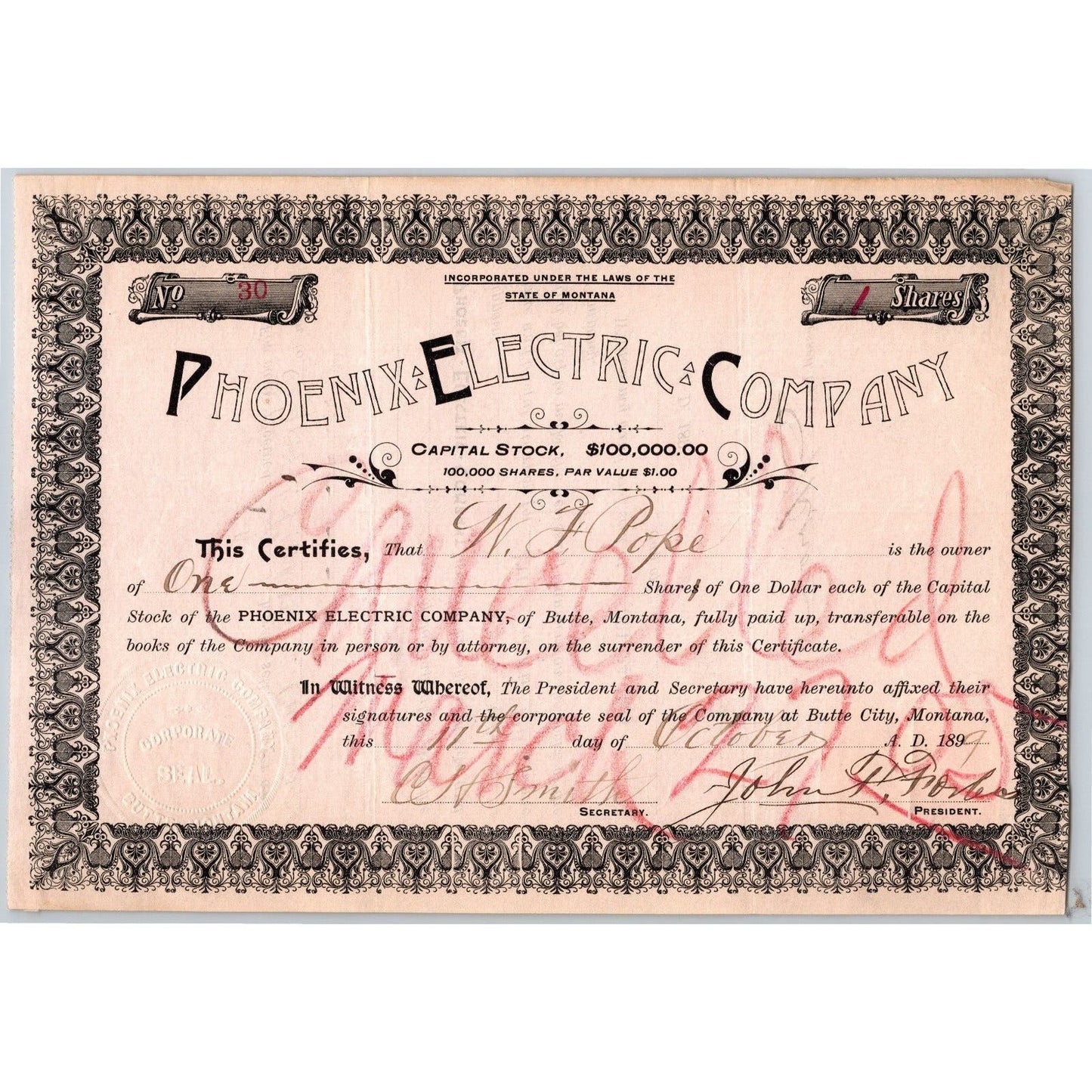 Butte, MT Phoenix Electric Company 1899 Stock Certificate - 1 Share - Cert #30