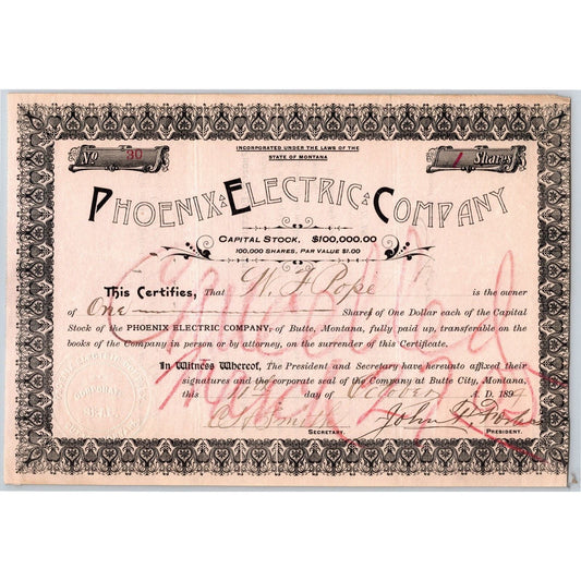 Butte, MT Phoenix Electric Company 1899 Stock Certificate - 1 Share - Cert #30