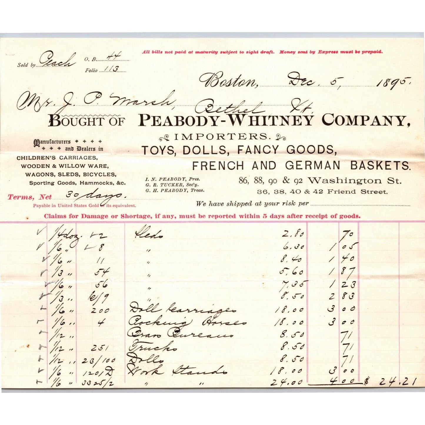 Boston, MA Peabody & Whitney Fancy Goods 1895 Billhead JP Marsh Bethel, VT