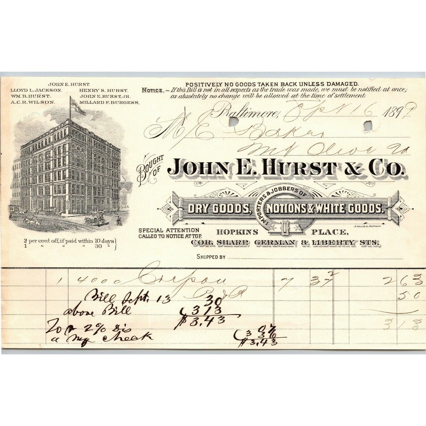 1899 Letterhead John E. Hurst Dry Goods Baltimore - Ephraim Baker*