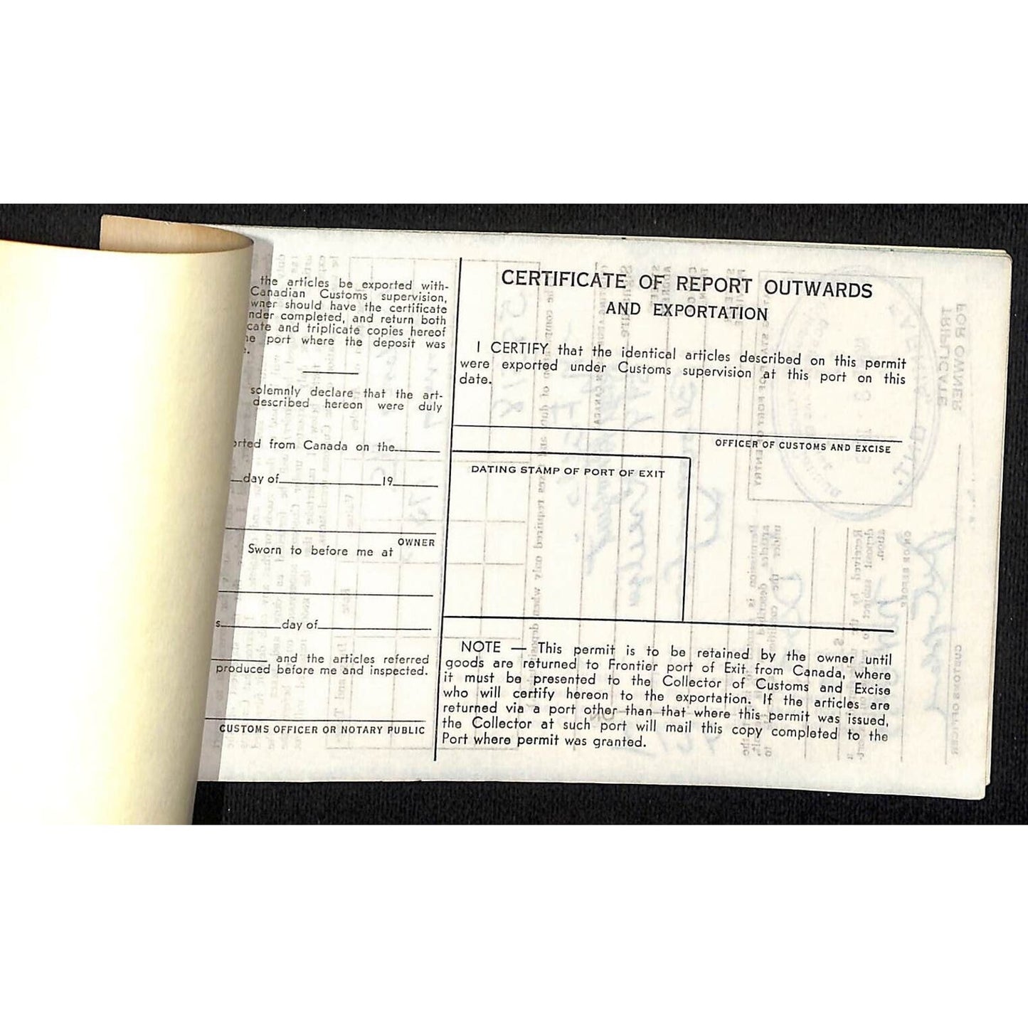National Revenue Canada 1958 "Temporary Admission Report"