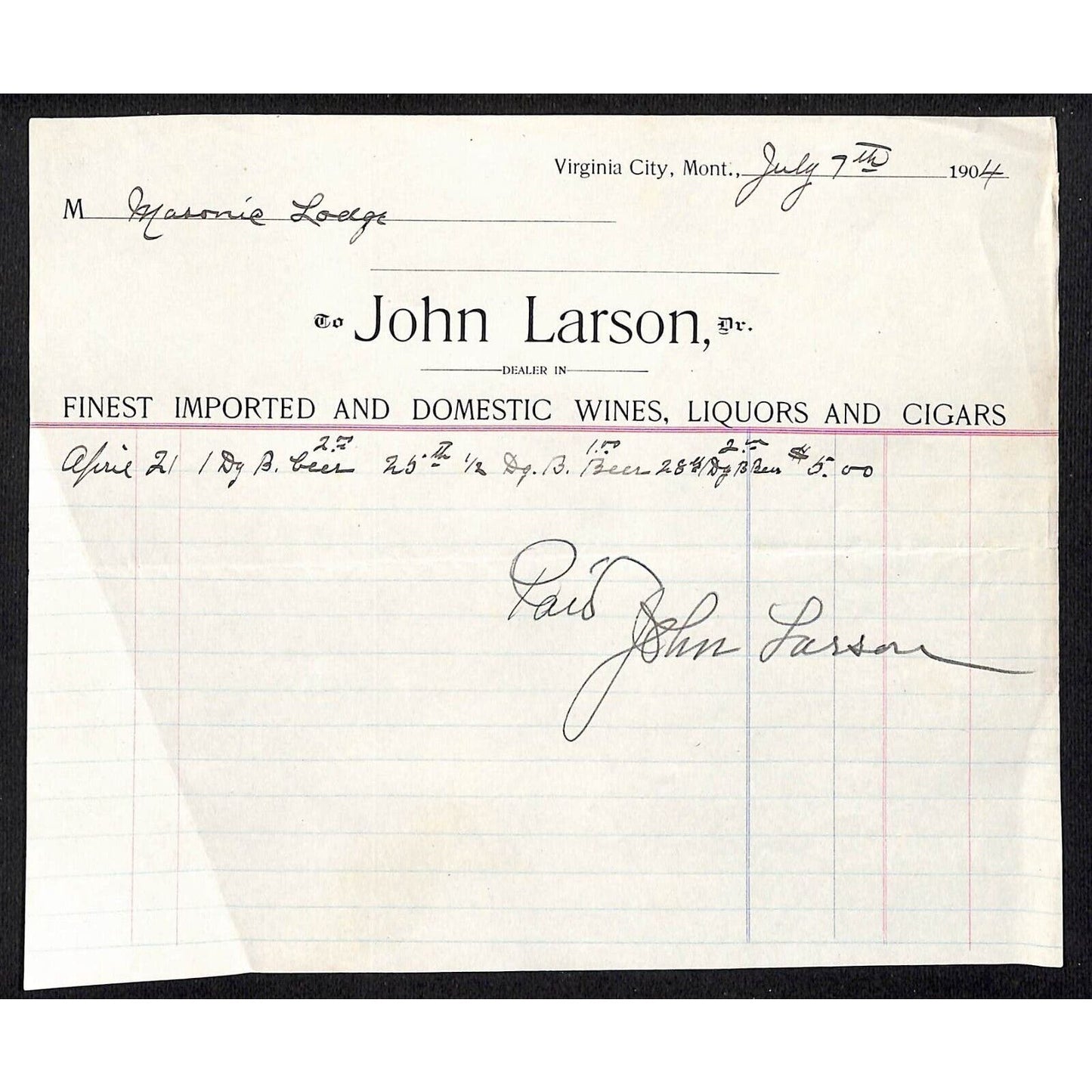 Virginia City, MT John Larson Wines Liquors Cigars 1904 Signed Billhead VGC