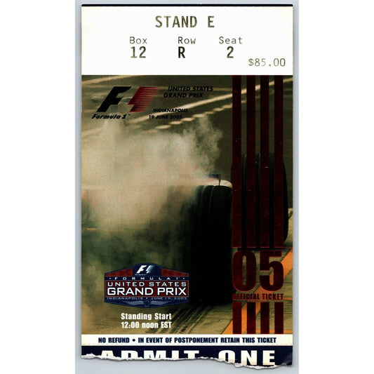 2005 Grand Prix Race Indianapolis Motor Speedway Ticket Stub - Seat 2