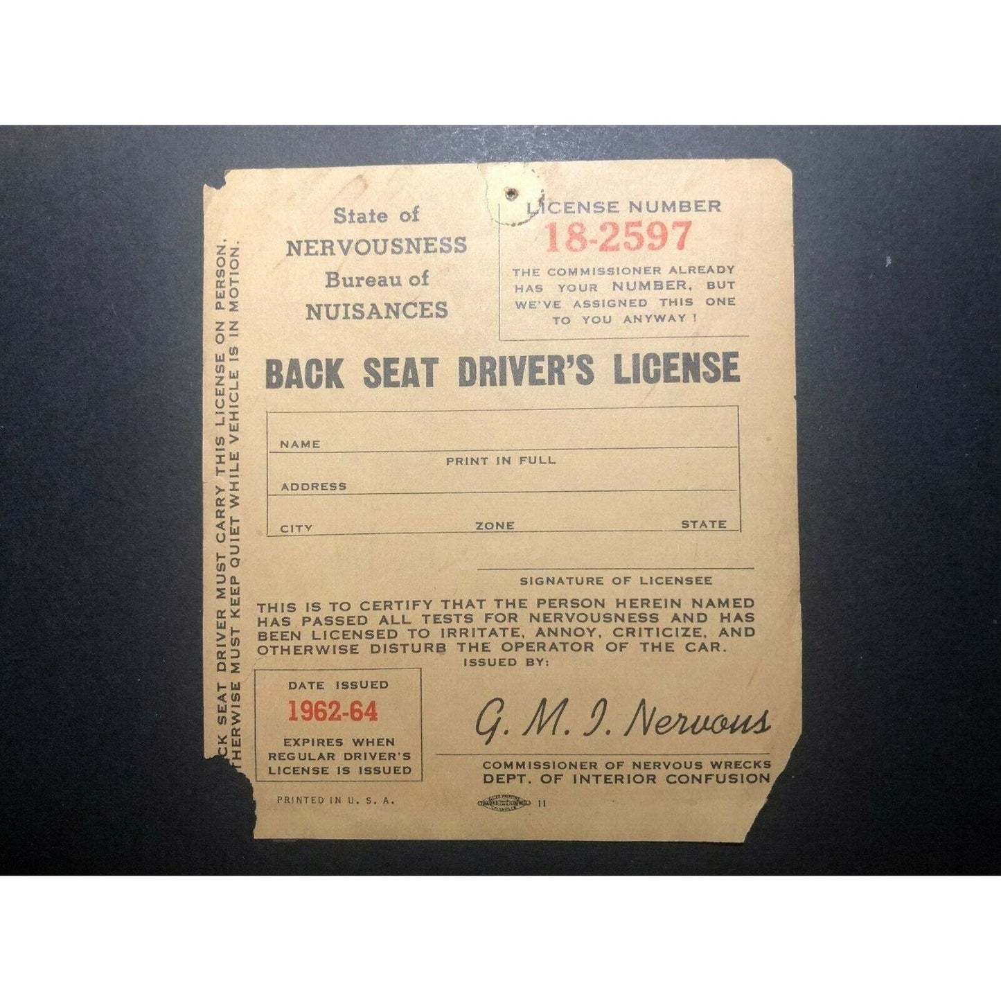c1962-64 AFL-CIO Tobacco Workers Union Handout w/Back Seat Lic. "Not Union Made"