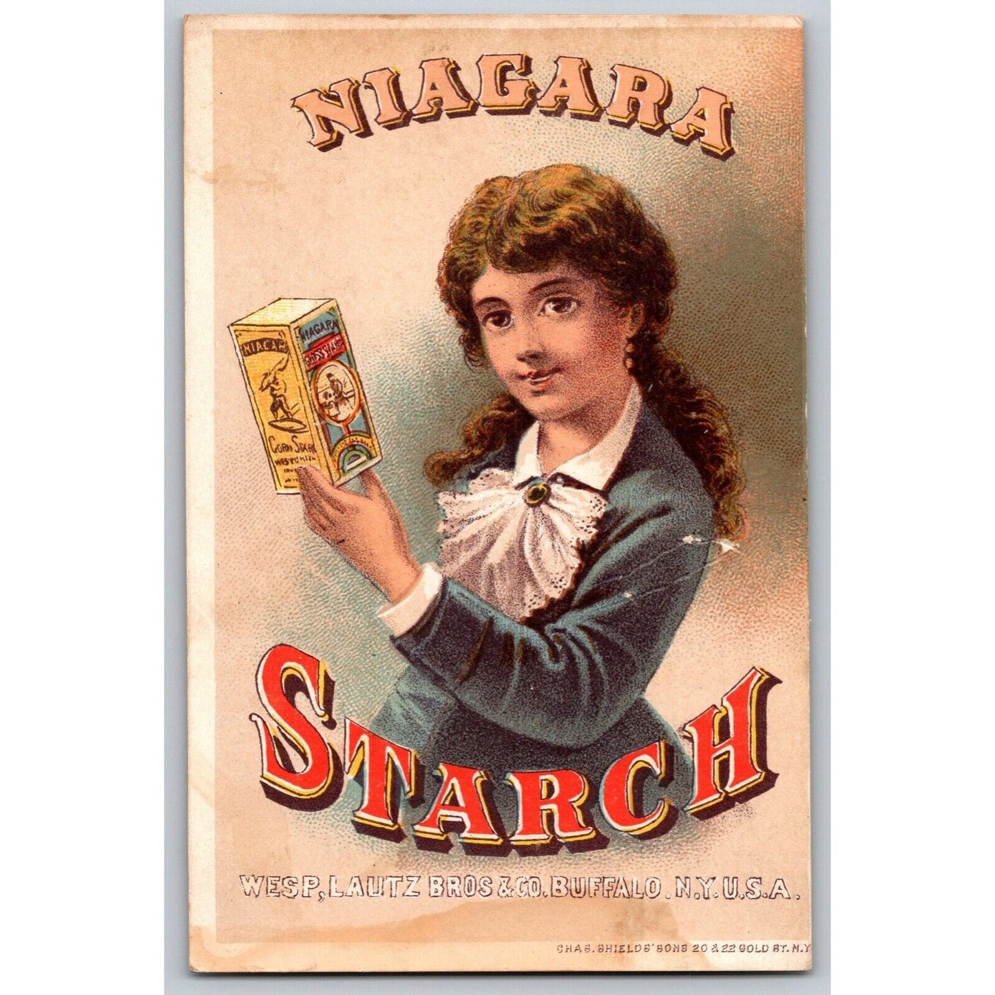 Andrews & Aldrich Ithaca, NY Victorian Trade Card Woman Holding Product Box
