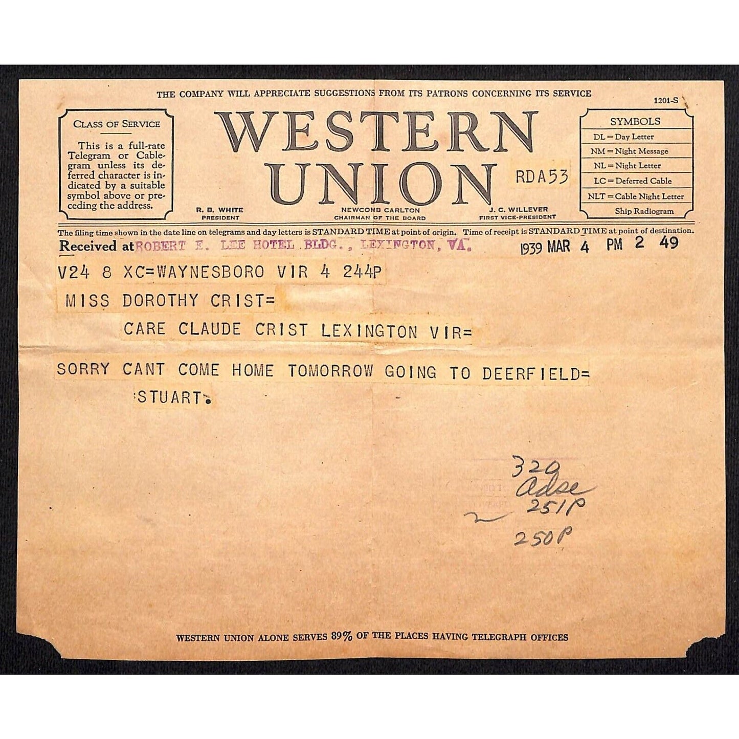 1949 Western Union Telegraph - Waynesboro, VA Dorothy Christ