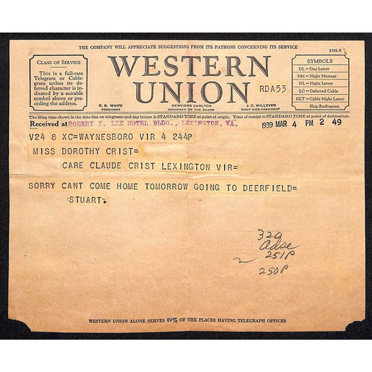 1949 Western Union Telegraph - Waynesboro, VA Dorothy Christ