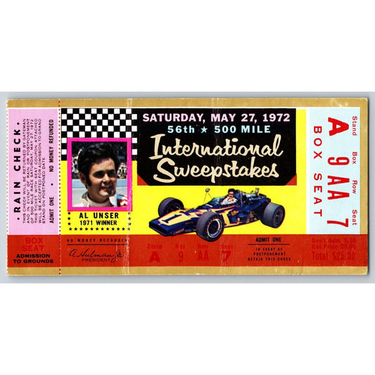 1972 Indianapolis 500 Ticket Stub w/ Al Unser Racing IMS Seat 7