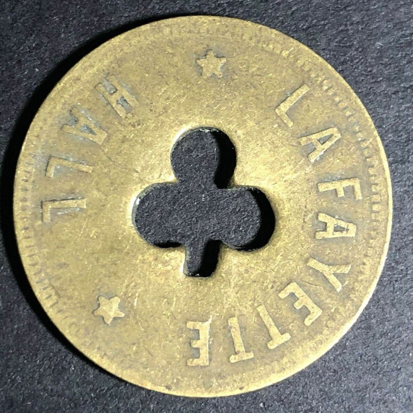 24.5mm Brass Lafayette Hall (Saloon Sacramento, CA) Token Clover Shamrock (#7)
