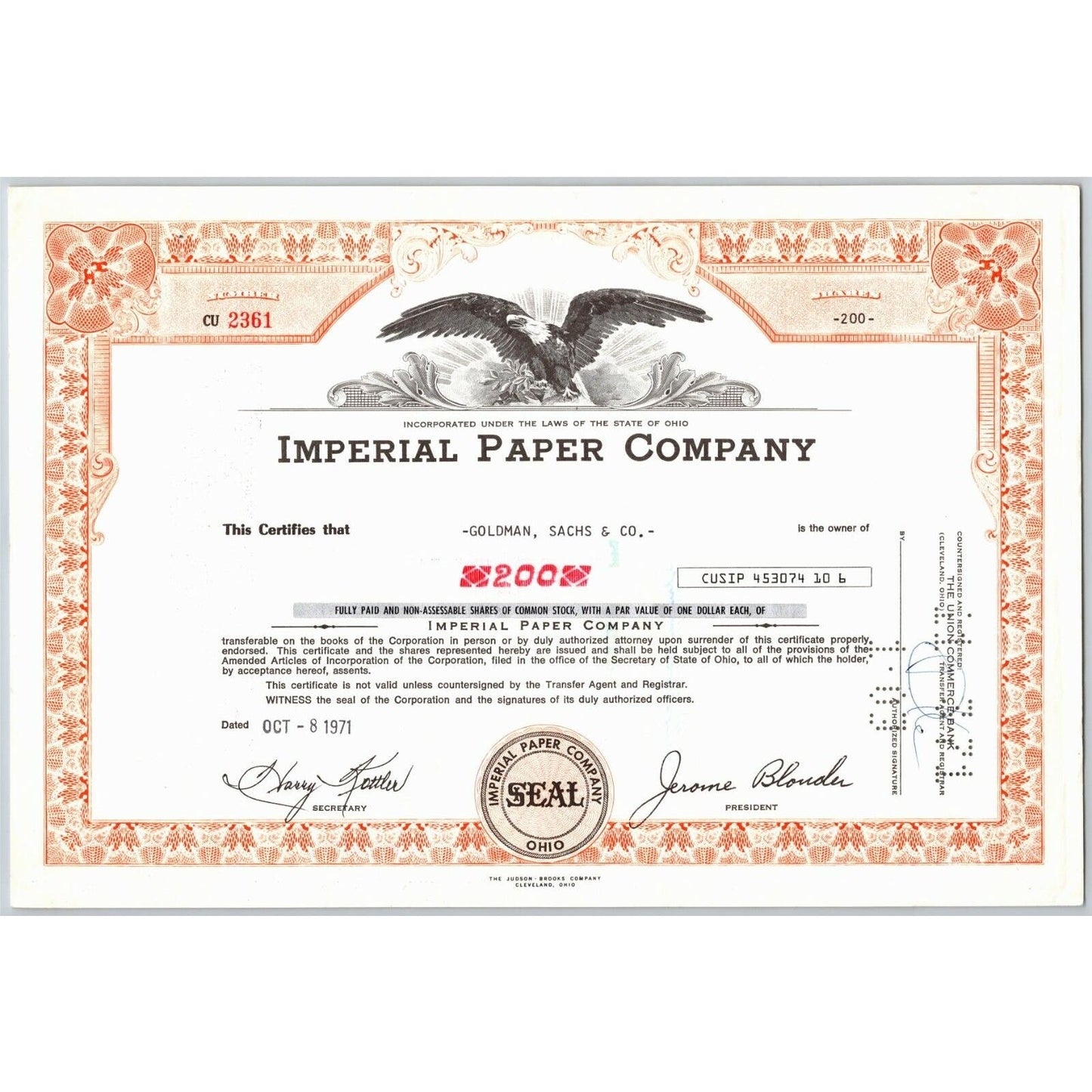 Vintage 1971 Stock Certificate "Imperial Paper Company" Ohio