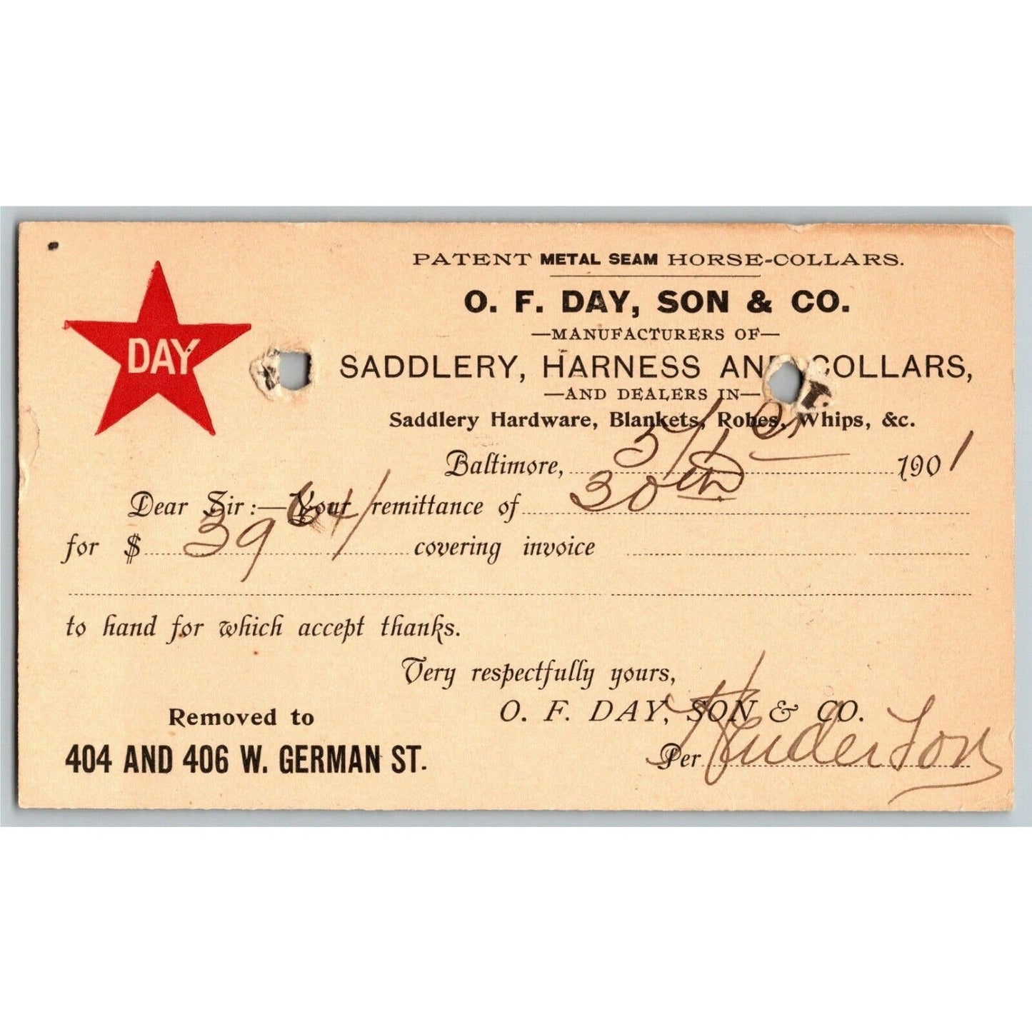 1901 Adv. Payment Conf. Postcard O.F. Day Harness Collars Baltimore E. Baker*