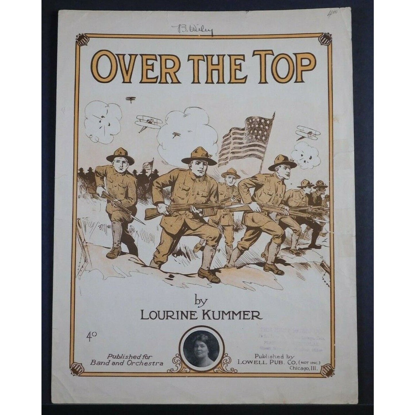 WWI Sheet Music - "Over The Top" Advancing Soldiers With Rifles Flag Biplanes