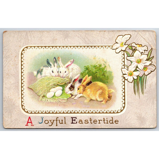 Easter Postcard Eastertide Bully Rabbits w/ Egg Basket EMB c1920