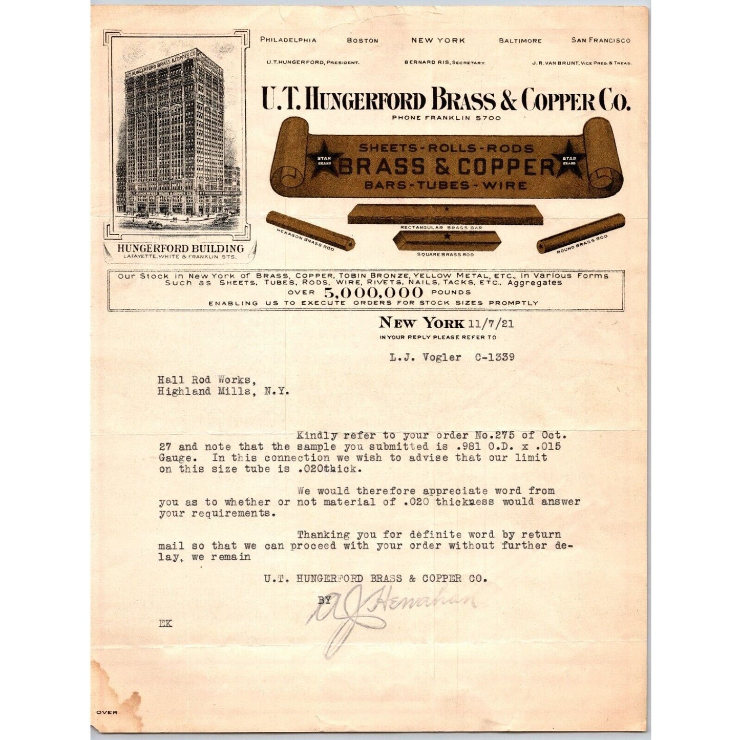 New York City U.T. Hungerford Brass & Copper Co. 1921 Letterhead w/ Gold Ink