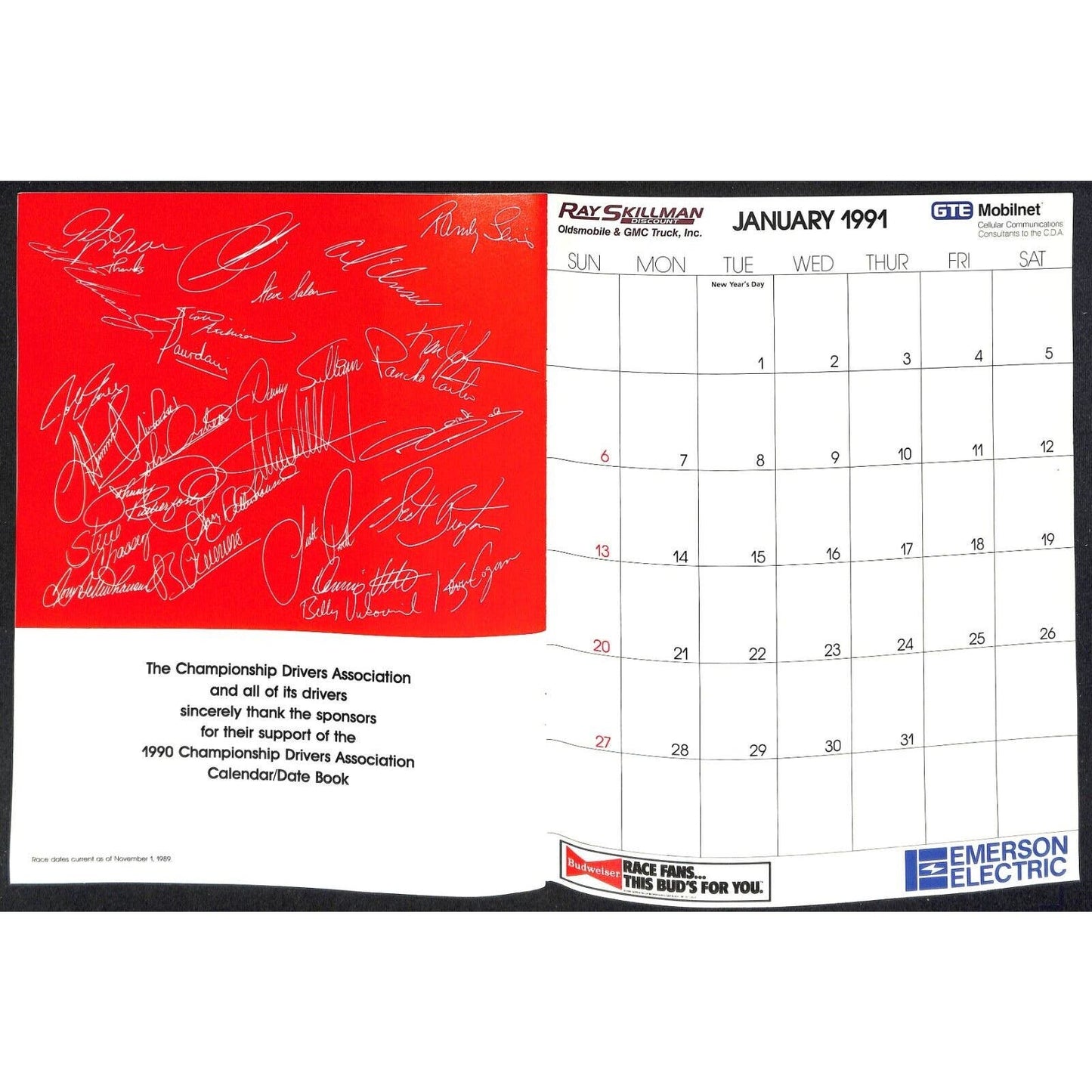 1990 Indy 500 PPG CDA Championship Drivers Assoc. Calendar w/ Emerson Fittipaldi