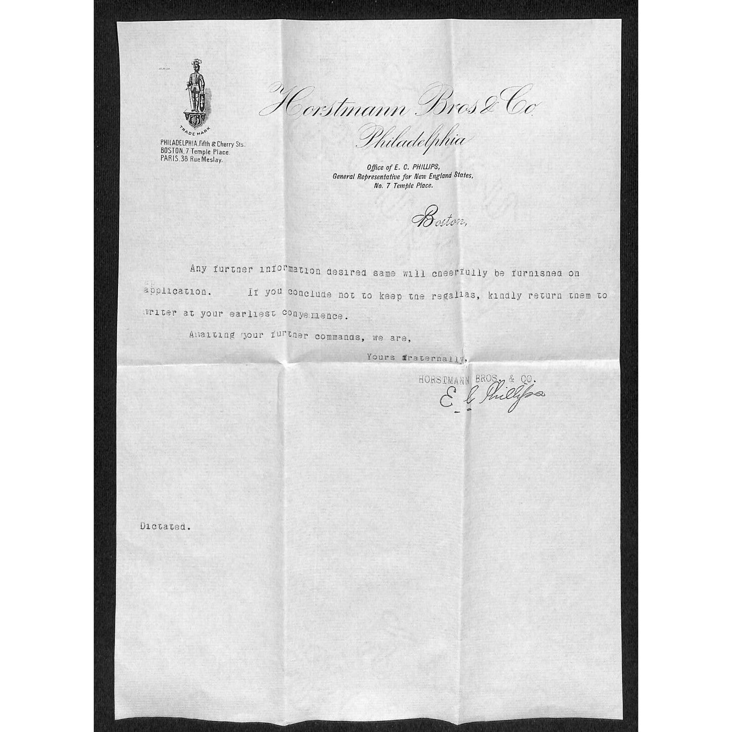 Boston 1891 Horstmann Bros. / E.C. Phillips Banners Regalias 2 Letterheads VGC