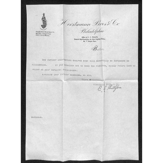 Boston 1891 Horstmann Bros. / E.C. Phillips Banners Regalias 2 Letterheads VGC