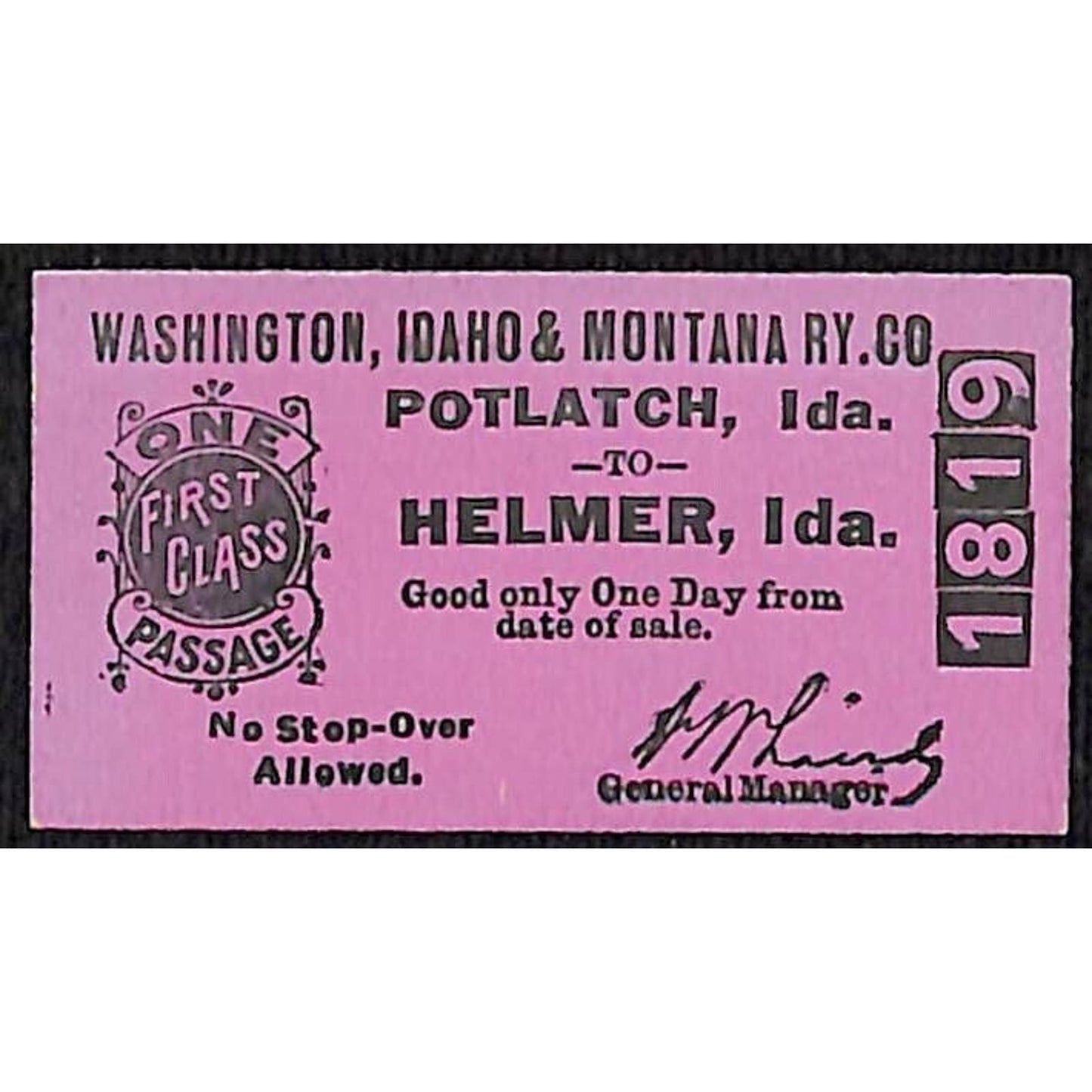 Washington, Idaho & Montana Railway Ticket Potlatch to Helmer #1819 Scarce