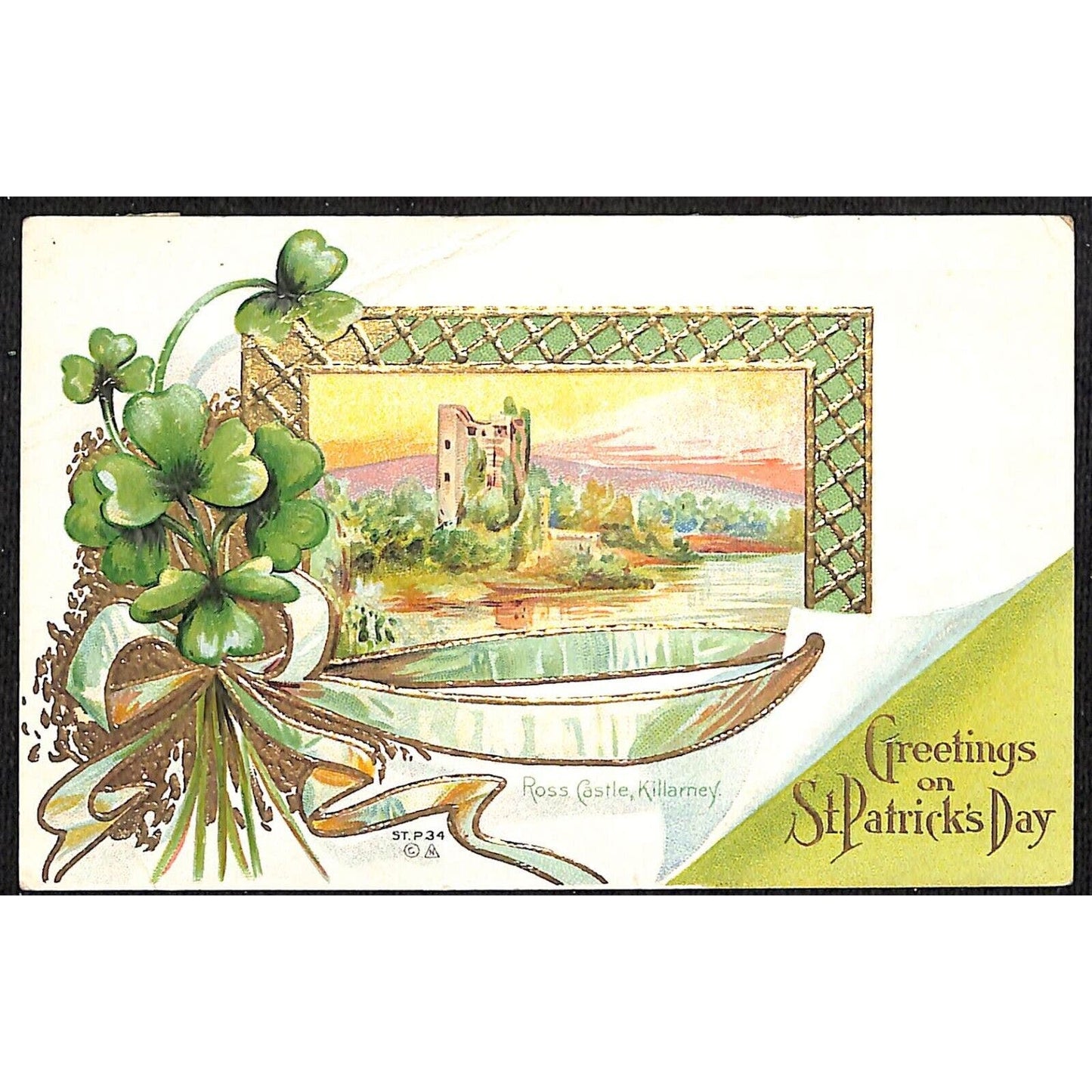 St. Patrick's Day Postcard Ross Castle, Killarney Gilt Embossed PM c1914