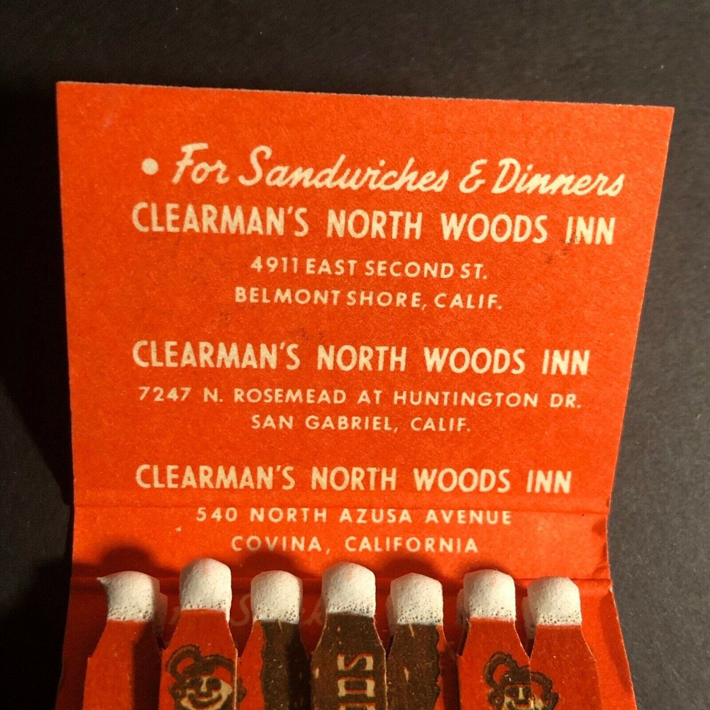 Vintage 1950-60's Full Matchbook North Woods Inn Belmont Shore, CA *FEATURE*