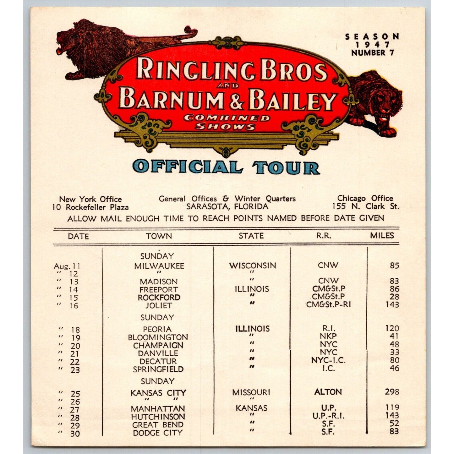 1947 Ringling Bros Barnum Bailey Circus Route Card Milwaukee Madison Kansas City