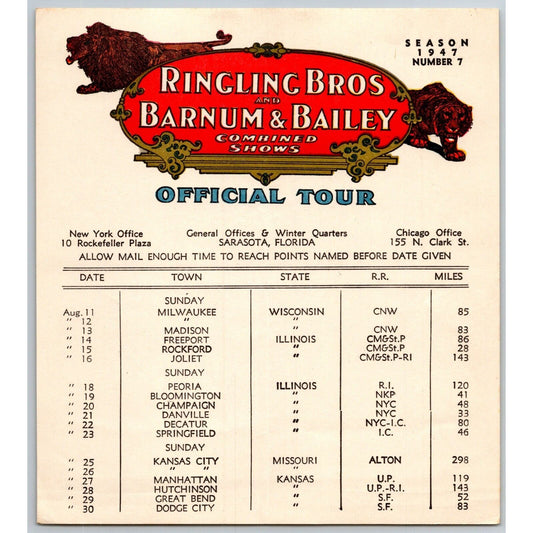 1947 Ringling Bros Barnum Bailey Circus Route Card Milwaukee Madison Kansas City