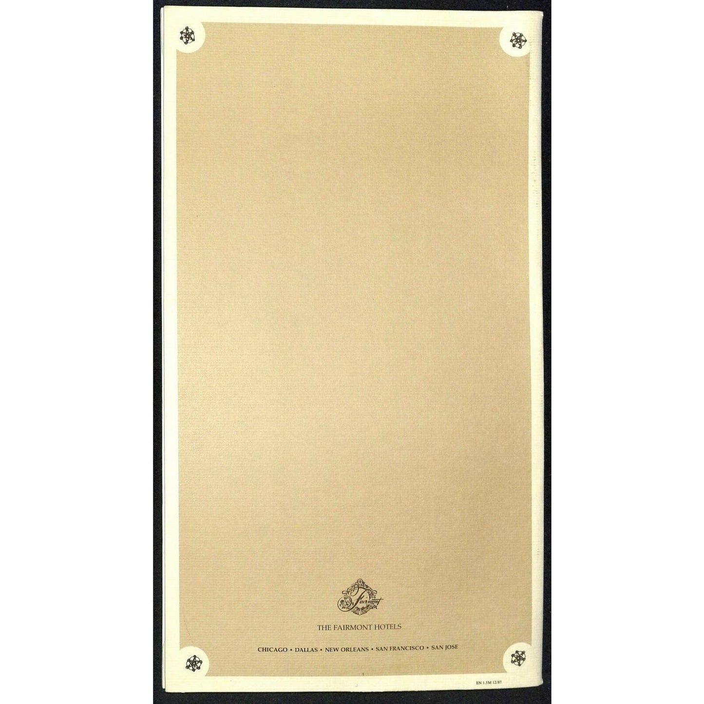 Entre Nous Fairmont Hotels 1987 Menu Folder (Folder Only - No Menu Sheet)