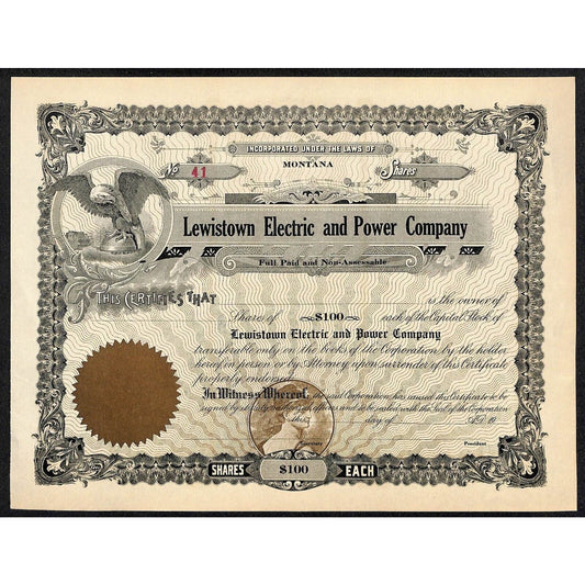 Lewistown Electric and Power Co. Montana c1900 - 1910 Unused Stock Certificate