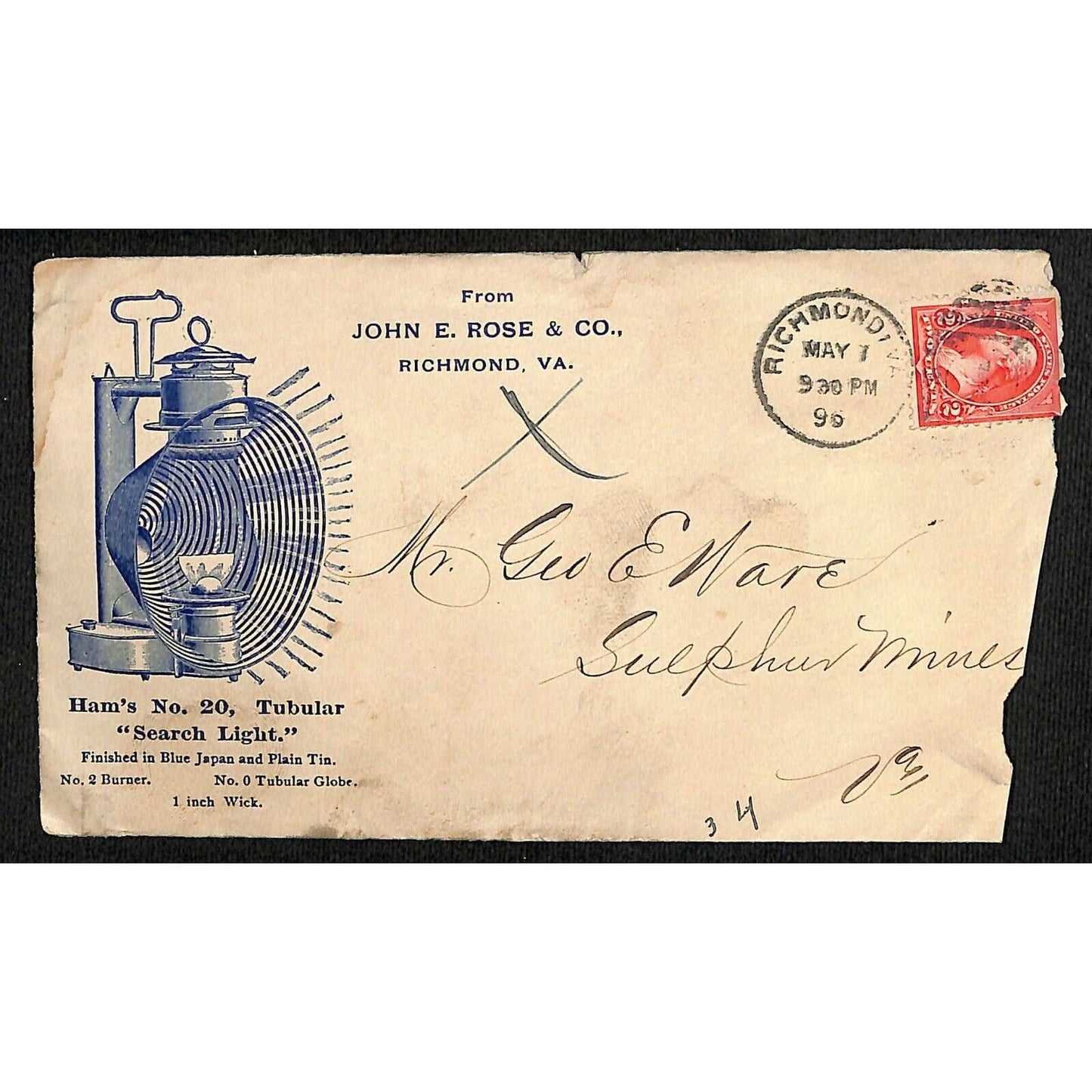 John E. Rose Letterhead & Ham's Lanterns Cover Richmond to Geo. E. Wear 1896
