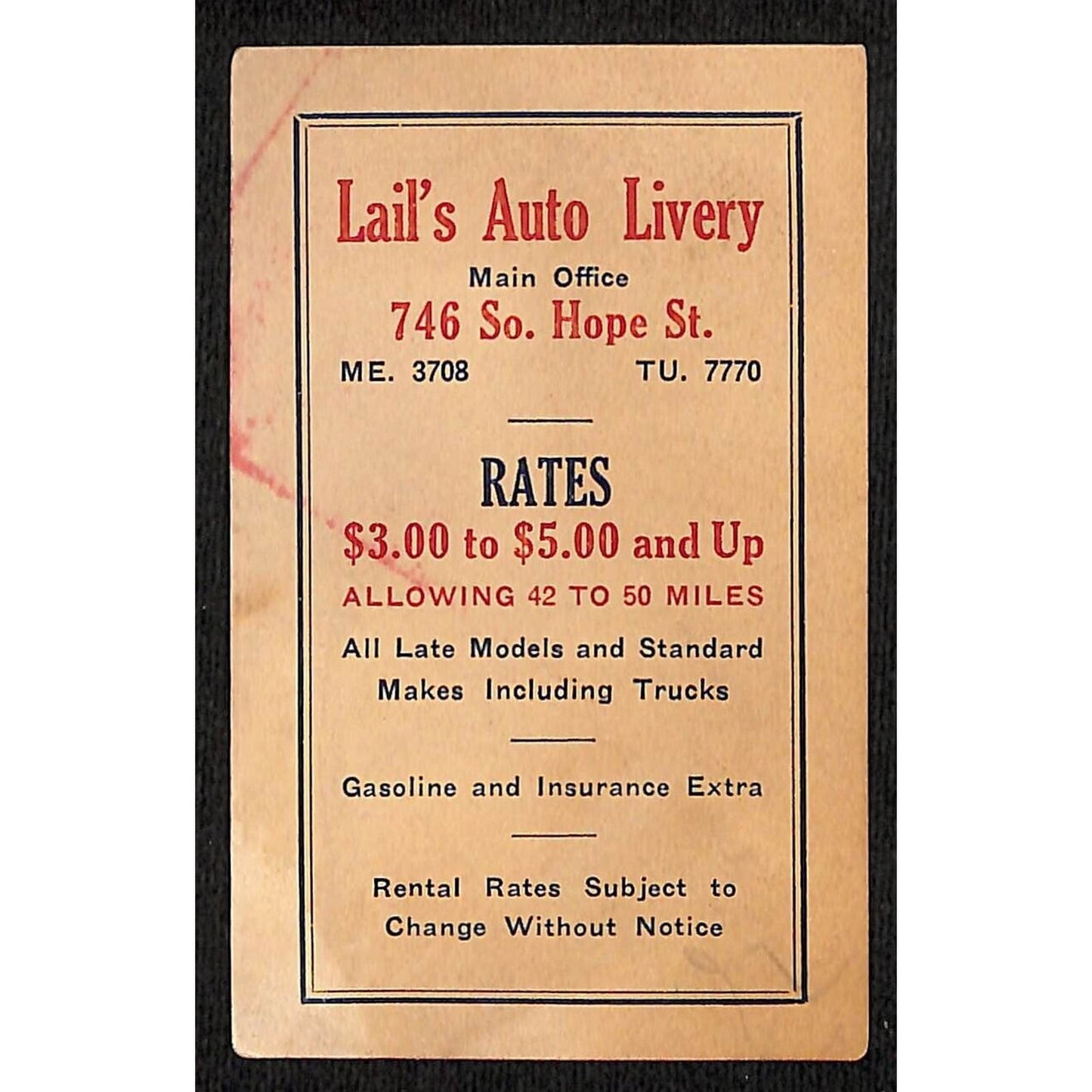 Lail's Auto Livery Hope St. LA / Car Rental Business / Trade Card c1928 Scarce
