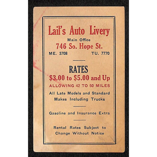 Lail's Auto Livery Hope St. LA / Car Rental Business / Trade Card c1928 Scarce