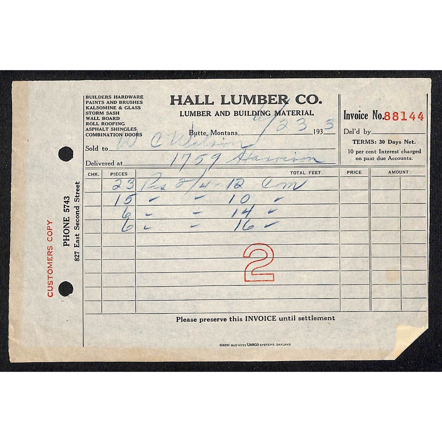 Hall Lumber Co. Butte Montana - 1933 Billhead Letterhead Wilson Drug