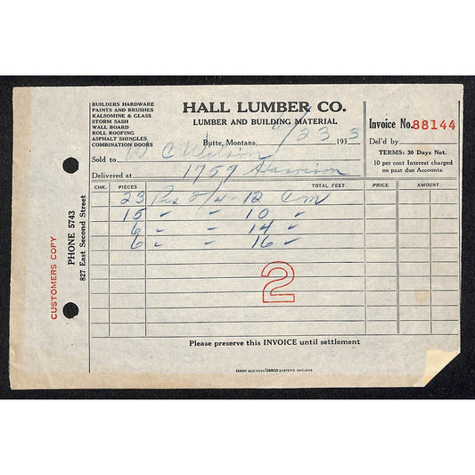 Hall Lumber Co. Butte Montana - 1933 Billhead Letterhead Wilson Drug
