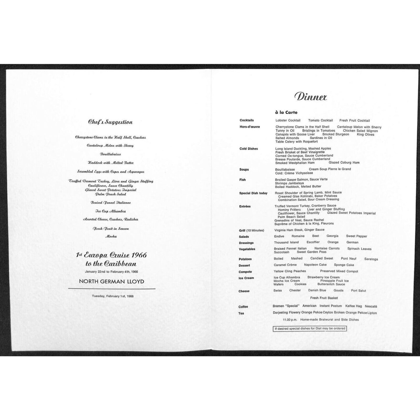 1966 North German Lloyd Europa Cruise Line Dinner Menu Feb 1