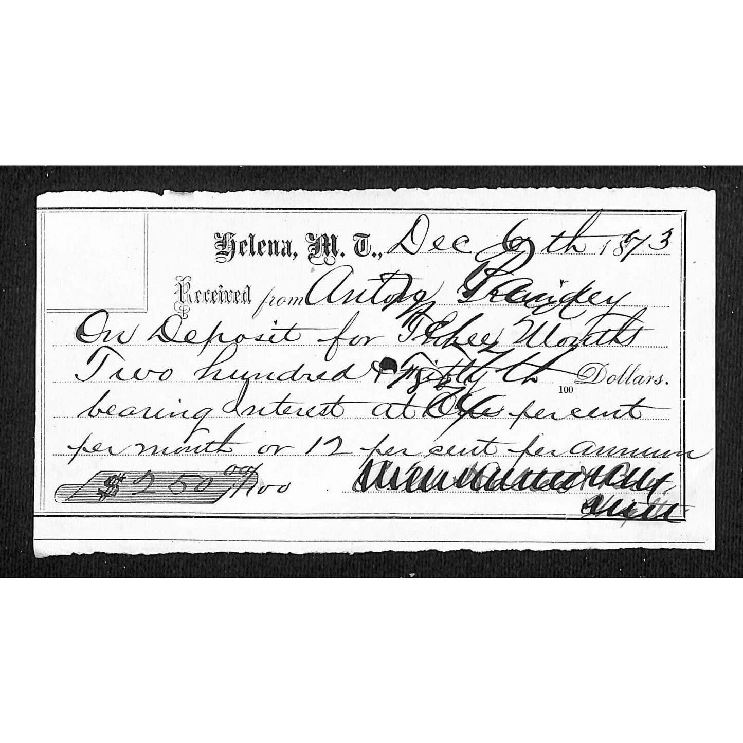 Helena Montana 1873 $250 Receipt / Billhead - Elegant Handwriting