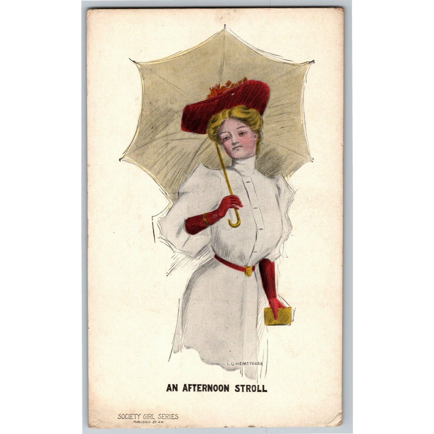 c1907 Vintage Society Girls Series / "An Afternoon Stroll" / Hemsteger Postcard